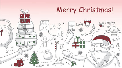 Flat doodle line design illustration concepts for christmas planning and celebration. Modern line style illustration for web banners, hero images