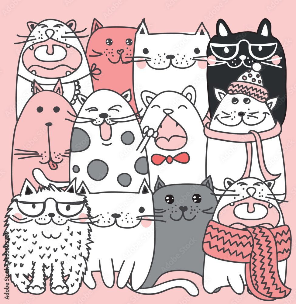 Poster funny cats doodles. set of 9 hand drawn characters in different poses. design elements for print sti