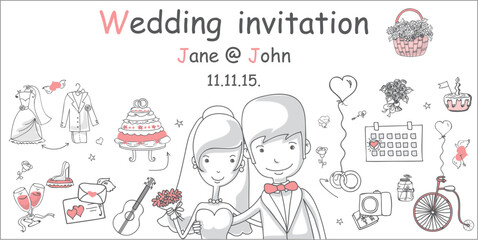 Doodle wedding set for invitation cards, including template design decorative elements
