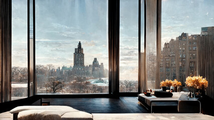Concept art illustration of Manhattan penthouse interior design in New York City - obrazy, fototapety, plakaty