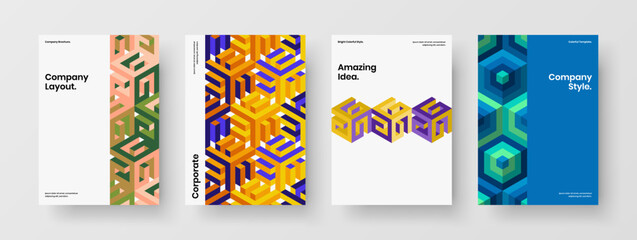 Colorful geometric hexagons booklet concept composition. Simple corporate cover design vector template bundle.