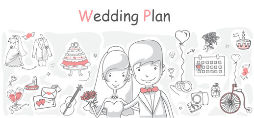 Doodle wedding set for invitation cards, including template design decorative elements