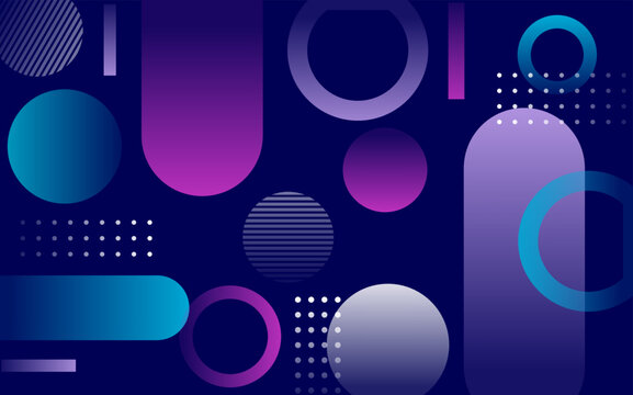 Blue modern geometric background. Retro graphic halftone elements with color gradients. Purple, white and blue partially transparent objects with dots and lines. Vector illustration, flat, clip art. 
