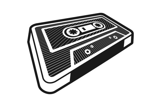 recommend clip art: Retro music cassette tape on white background. 3D audio cassette tape in perspective. 80’s vintage design element. Monochrome black and white old radio cassette. Vector illustration, clip art. 