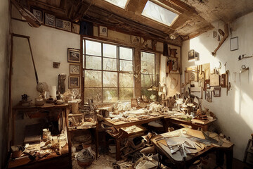Concept art illustration of artist workshop interior design