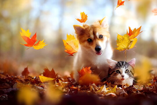 dog  and cat portrait   sit together on gold yellow leaves at wild field nature landscape and animals