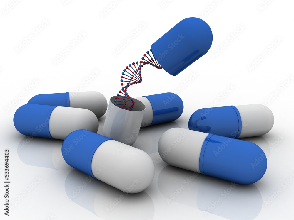 Poster 3d render of dna structure with capsule