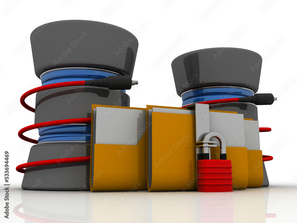 Poster 3d rendering folder connected to database lock connected aux cable