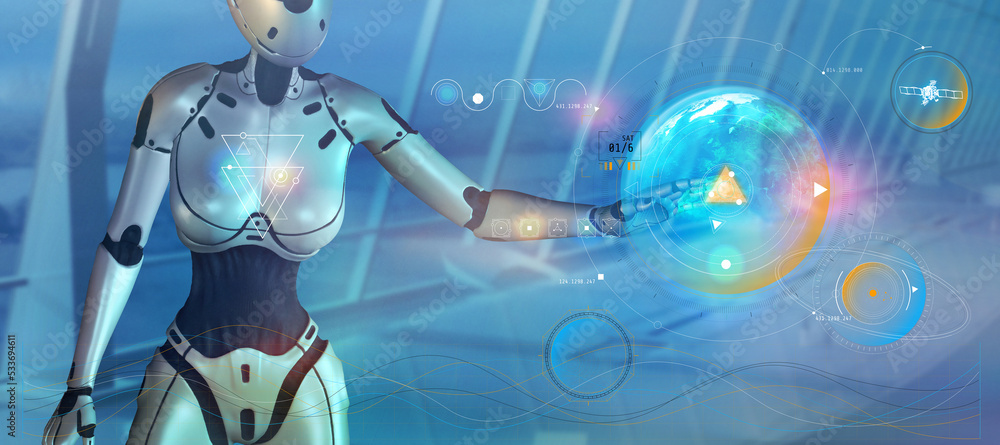 Poster the robot is studying data from the earth. 3d render