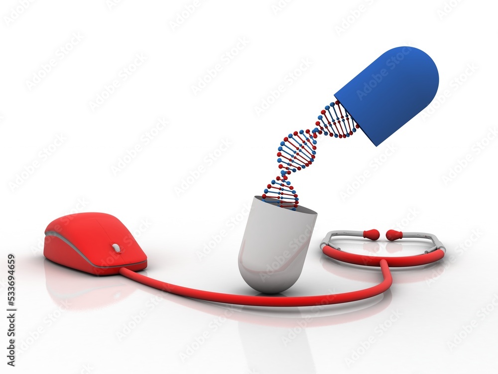 Poster 3d render of dna structure with capsule near mouse connected stethoscope