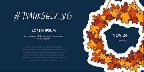 Thanksgiving invitations with maple leaf wreath. Vector illustration