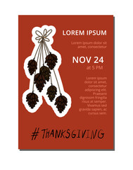 Thanksgiving invitations with cones pattern on red background. Vector template for design