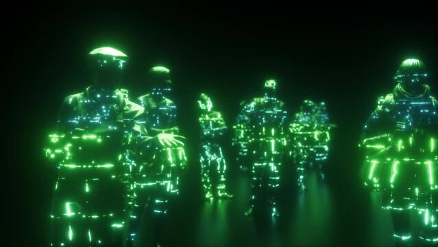 This motion graphics video shows a futuristic digital people with neon glowing circuits on seamless loop.