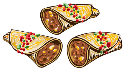 Burritos. Traditional Mexican dish, with red and green chilies