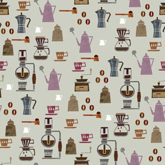 コーヒーセットのシームレスなパターン。テキスタイル、壁紙、包装紙のデザイン。