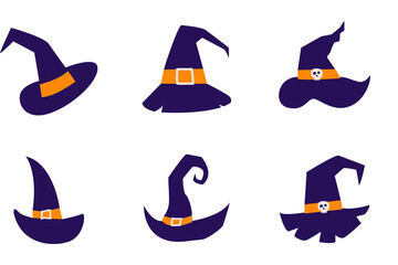 set of witch hats for Halloween on transparent background. Halloween Elements and Objects for Design Projects.	