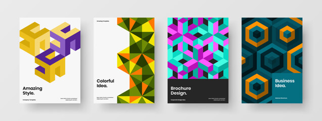 Obraz premium Bright mosaic hexagons postcard illustration collection. Colorful placard design vector template set.