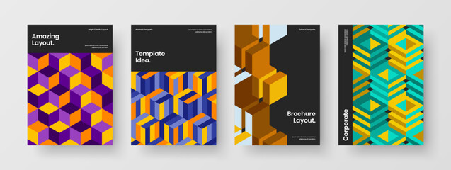 Premium booklet vector design layout collection. Original mosaic hexagons annual report concept set.