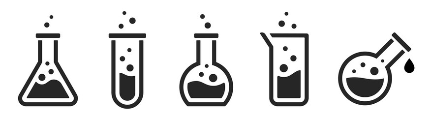 Lab flask icon set. Chemical test tube collection. Сhemistry and biology symbol. Experiment flasks, laboratory glassware, or beaker equipment icons. Health medical lab logo - stock vector - obrazy, fototapety, plakaty
