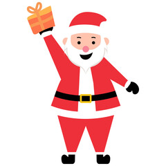 Funny happy Santa Claus character with gift, waving, and greeting in transparent background