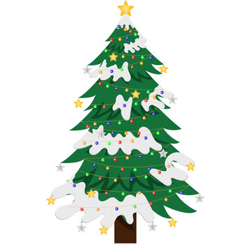 Christmas trees cartoon on tranparent background. New Years and xmas traditional symbol tree with garlands, light bulb, star. Winter holiday.