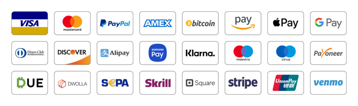 Logotypes of different payment systems on white background, illustration