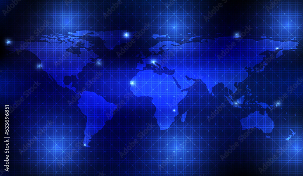 Aufkleber World Map Technology on Futuristic Grid Vector Background. Blue Abstract Glow Hi Tech Digital Dots Location Concept Illustration Design.