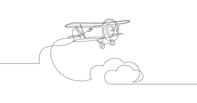 Animation of an image drawn with a continuous line. Retro airplane flying above the clouds.