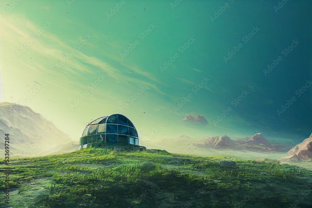Poster 3d rendering of mars colony in green colors