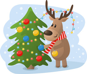 Obraz na płótnie Canvas Cartoon deer decorating Christmas tree. Cute Christmas seasonal illustration in flat cartoon style.