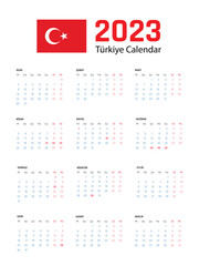 2023 Türkiye Calendar. Türkiye Calendar 2023. Türkiye 2023 Calendar. Vector illustration.