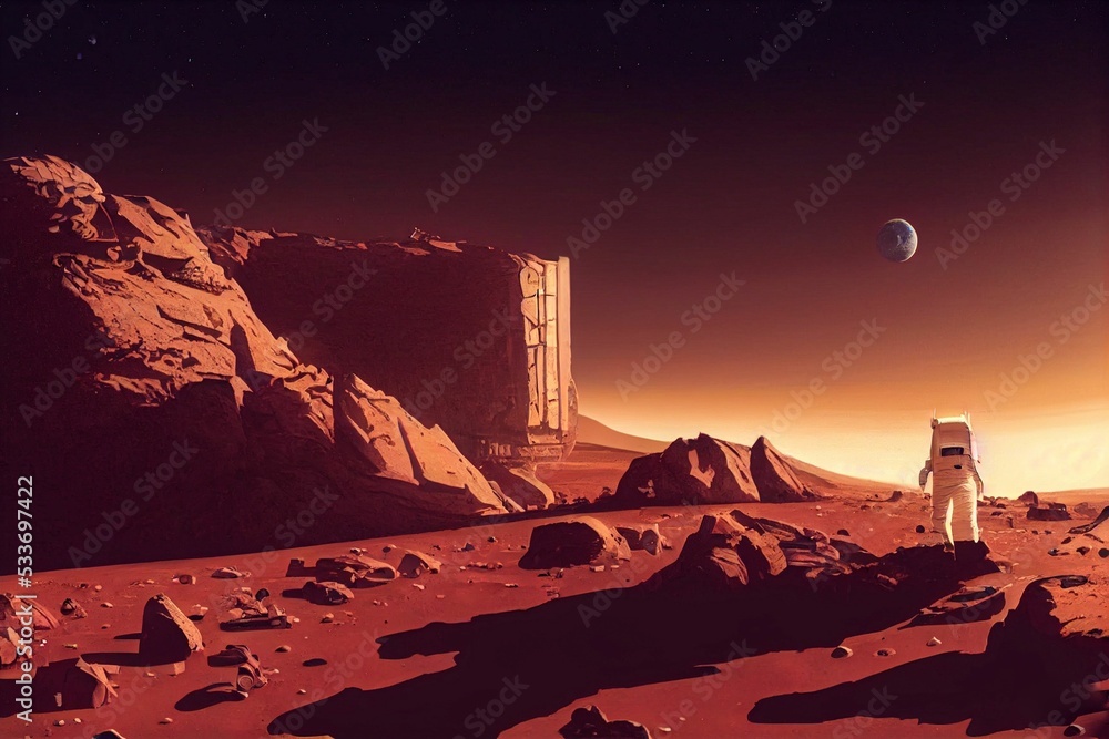 Poster 3d rendering of an astronaut near mars colony in red colors