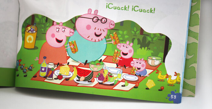 Magazine for children of the character Peppa Pig. Peppa, George, Daddy Pig and Mummy Pig at a family picnic with the ducks on the lake. Cartoons for babies and toddlers. Activity book for children.