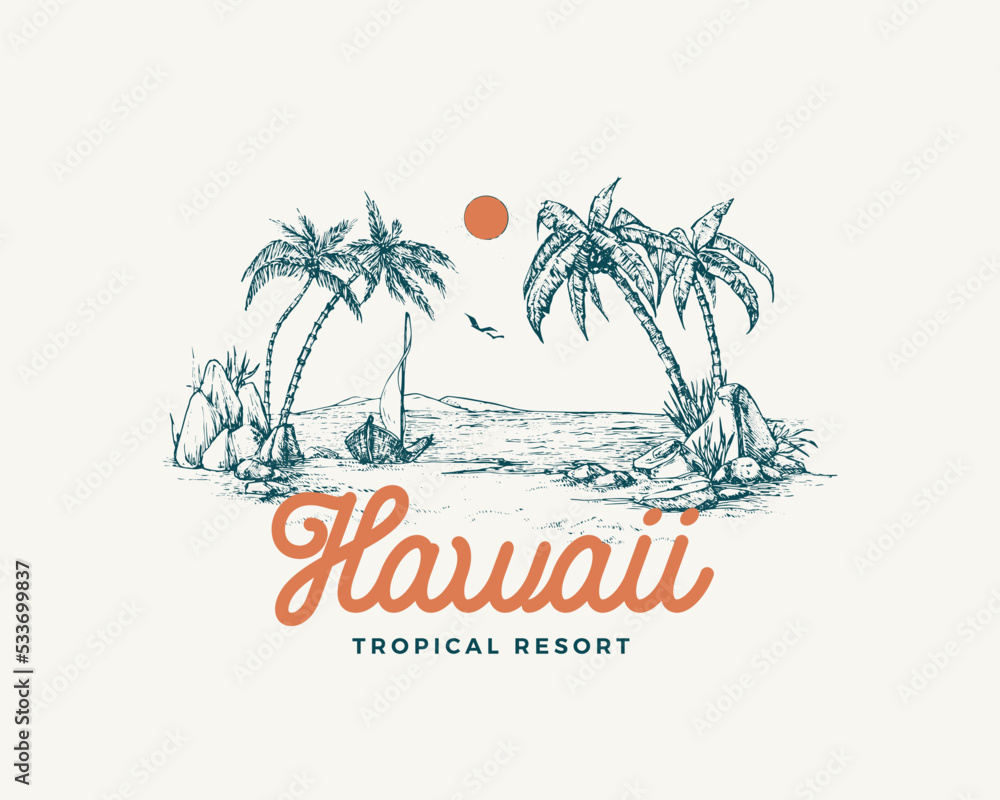 Wall mural hawaii tropical resort view badge or logo template. hand drawn beach with palm trees and sail boat s