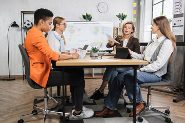 Focused business women in formal wear spending work time at office for monitoring financial market situation. Qualified females economists sitting at desk with modern laptop, tablet and huge display.