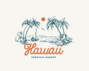 Naklejka premium Hawaii tropical resort view badge or logo template. Hand drawn beach with palm trees and sail boat sketch with typography. Premium nature sea landscape emblem Isolated
