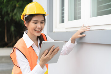 Builder inspection consultancy. Inspector checking material and structure in construction.