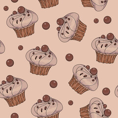 Seamless pattern with chocolate cupcake with cream, chocolate chips and sphere on beige background. Muffin with topping