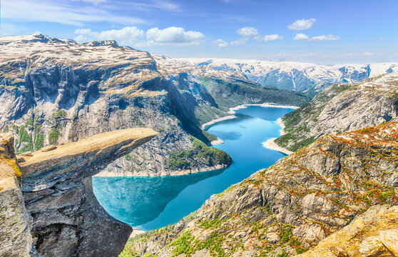Landscape with Trolltunga, most spectacular rock formation in Norway