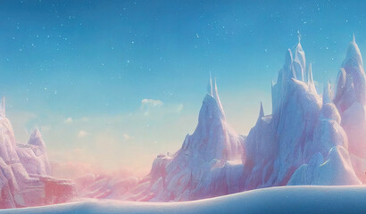 Cold Ice Mountains with White Snow and Clear Blue Sky. Fantasy Backdrop Concept Art Realistic Illustration. Video Game Background Digital Painting CG Artwork Scenery Artwork Serious Book Illustration
