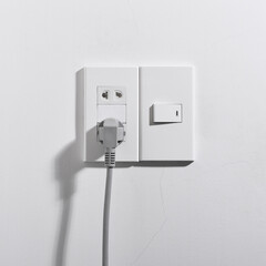 electric light switch and electric socket with gray power cord on white wall