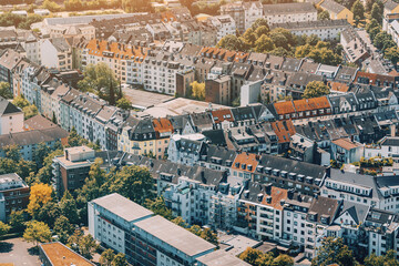 Fototapeta na wymiar Aerial view of the historic district of Dusseldorf with houses with picturesque roofs