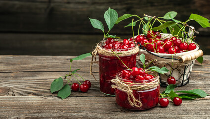 Jar of cherry jam and sour cherries. Berries cherry with syrup on a wooden background. Long banner format