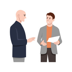 Obraz premium Two businessman talking. Meeting of friends or colleagues. Communication. People conversation. Flat vector illustration isolated on white background