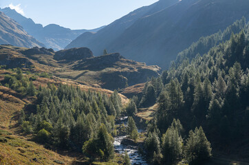 Naklejka premium An alpine village nestled in the mountains, surrounded by lush greenery and clear skies, capturing the natural beauty of the Alps.