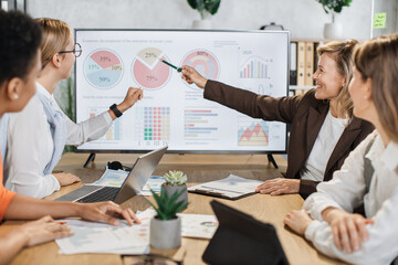 Multi ethnic team of female brokers spending time at office for making strategy of successful business project. Four women sitting at desk and looking at computer monitor with financial statistics.