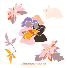 Vector Rabbits, Flowers, Christmas, Harvest, Baby Illustration, For Kids, Cute Illustrations, Minimalism Vector Children's Illustration Friendship Children Girls, Citrus, Children, Bouquets, Flowers