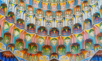 Geometrical interior mosaic art in the Abdul Aziz Khan Madrasah in the Bukhara, Uzbekistan