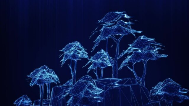 Camera move to wireframe of Trees and cliff model , abstract forest background.3D rendering 