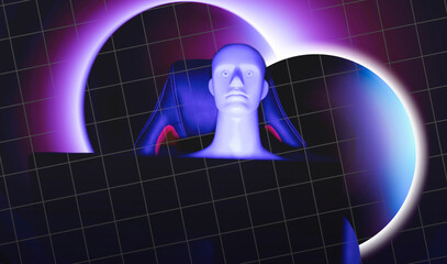 Digitally generated image of robot in front of glowing spheres